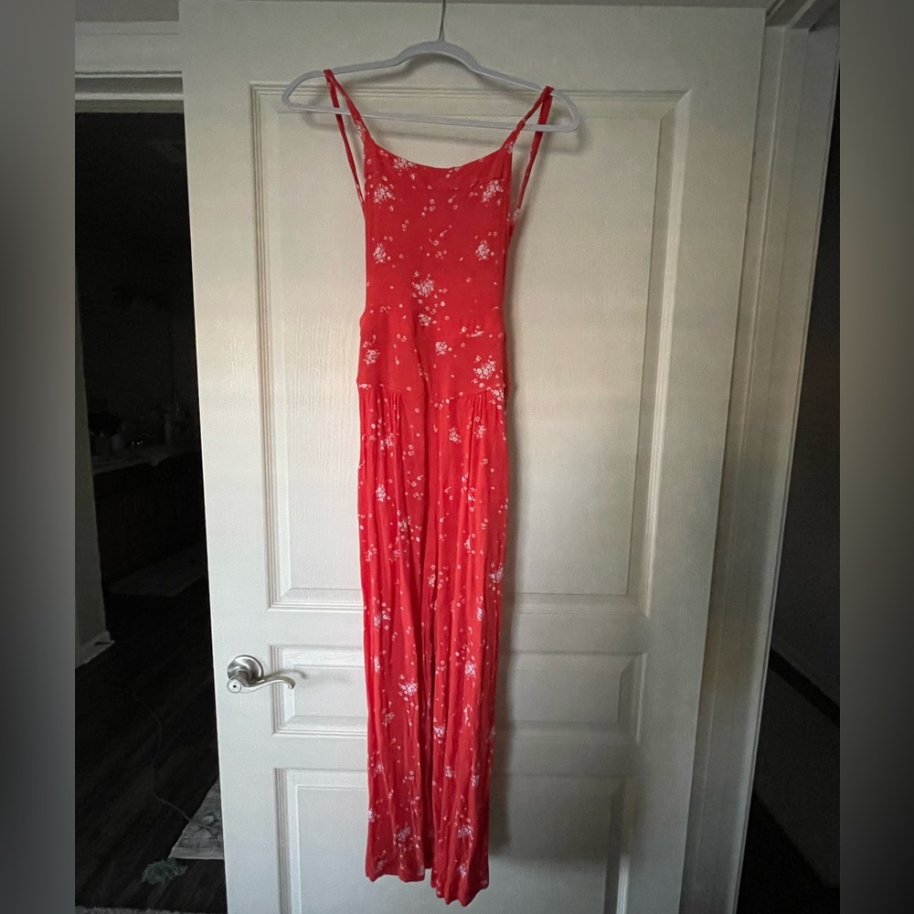 Free People Sweet in the Streets Wide Leg Floral Overalls Red Sz XS